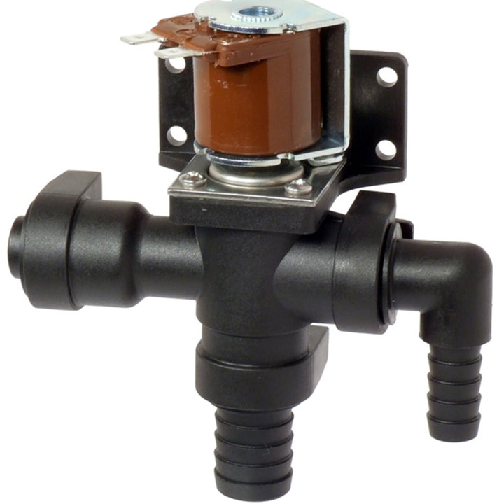 Jabsco 12V solenoid and anti-syphon valve for marine accessories, shown in a close-up image.