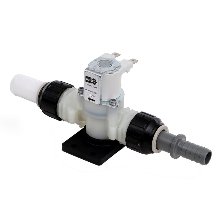 Jabsco 12V solenoid and anti-syphon valve for boat or marine plumbing systems, shown in close-up with electrical connector.