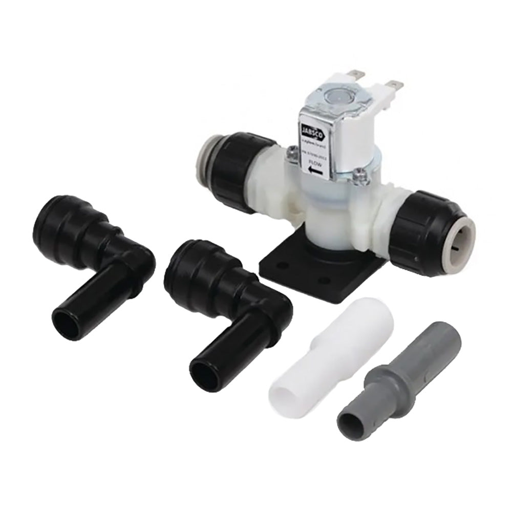 Jabsco 24V solenoid and anti-syphon valve for marine or plumbing accessories, with metal fittings and electrical connection.
