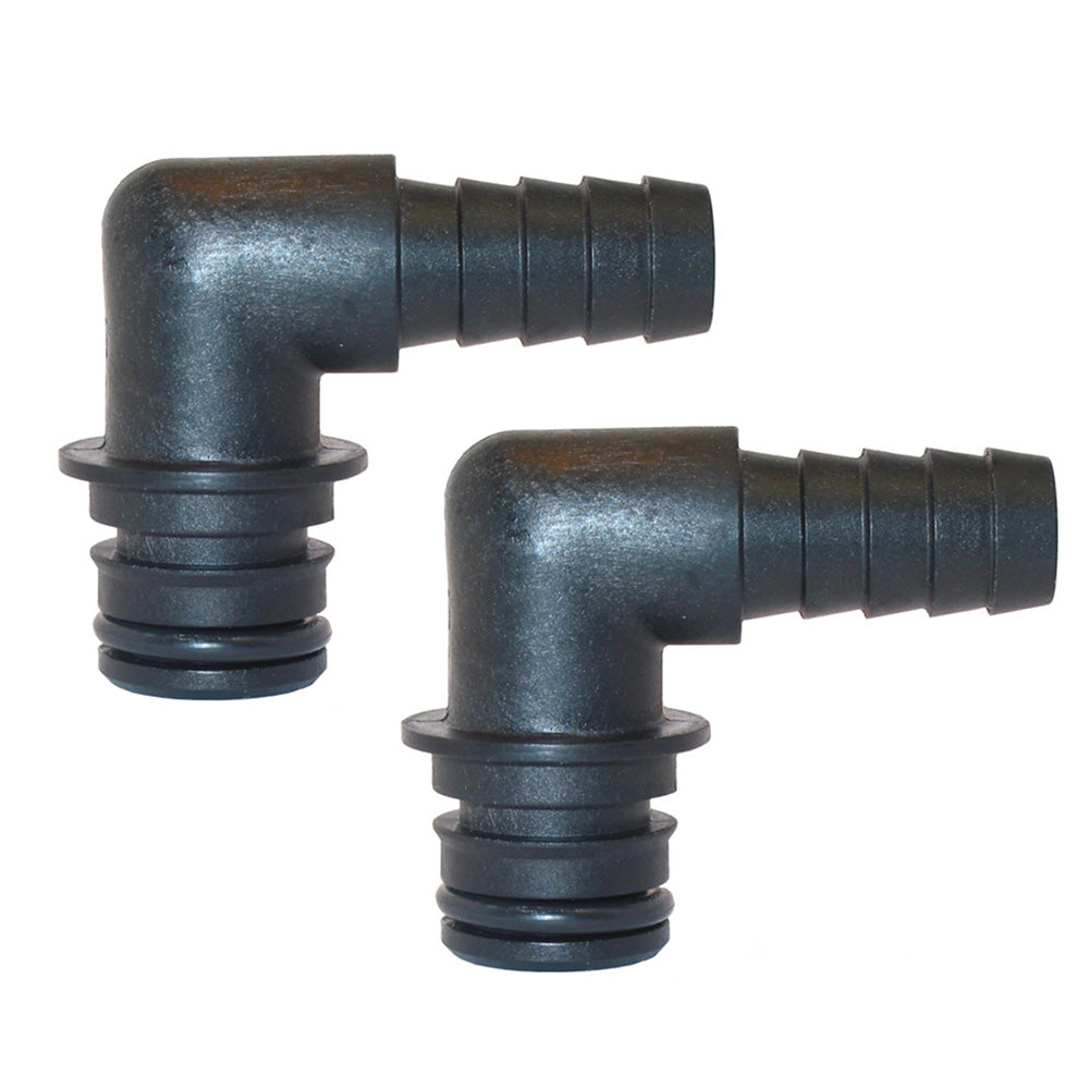 Pair of Jabsco 90-degree elbow hose fittings for 1/2-inch hoses, durable marine-grade Jabsco fittings for secure connections