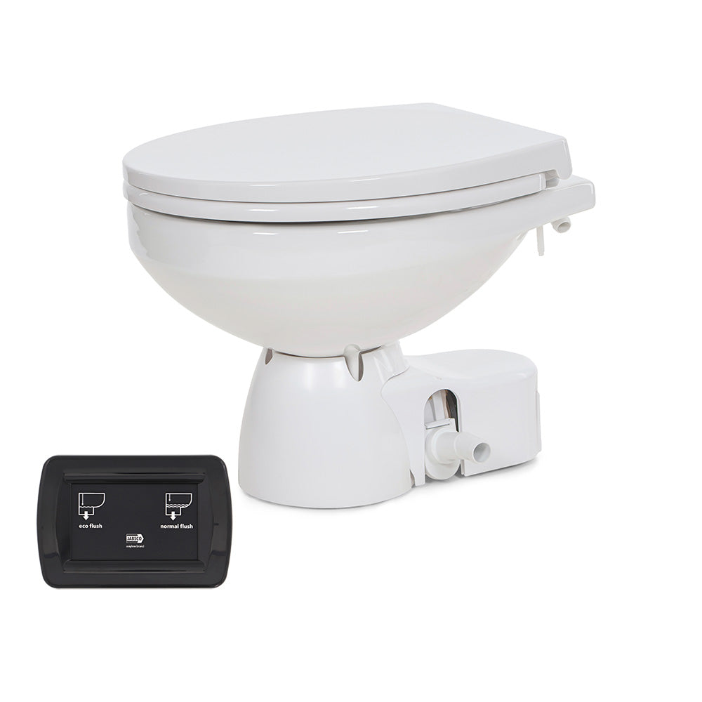 Jabsco Quiet Flush E2 raw water marine toilet with regular bowl, 12V pump and soft-close lid, ideal for boat sanitation systems.