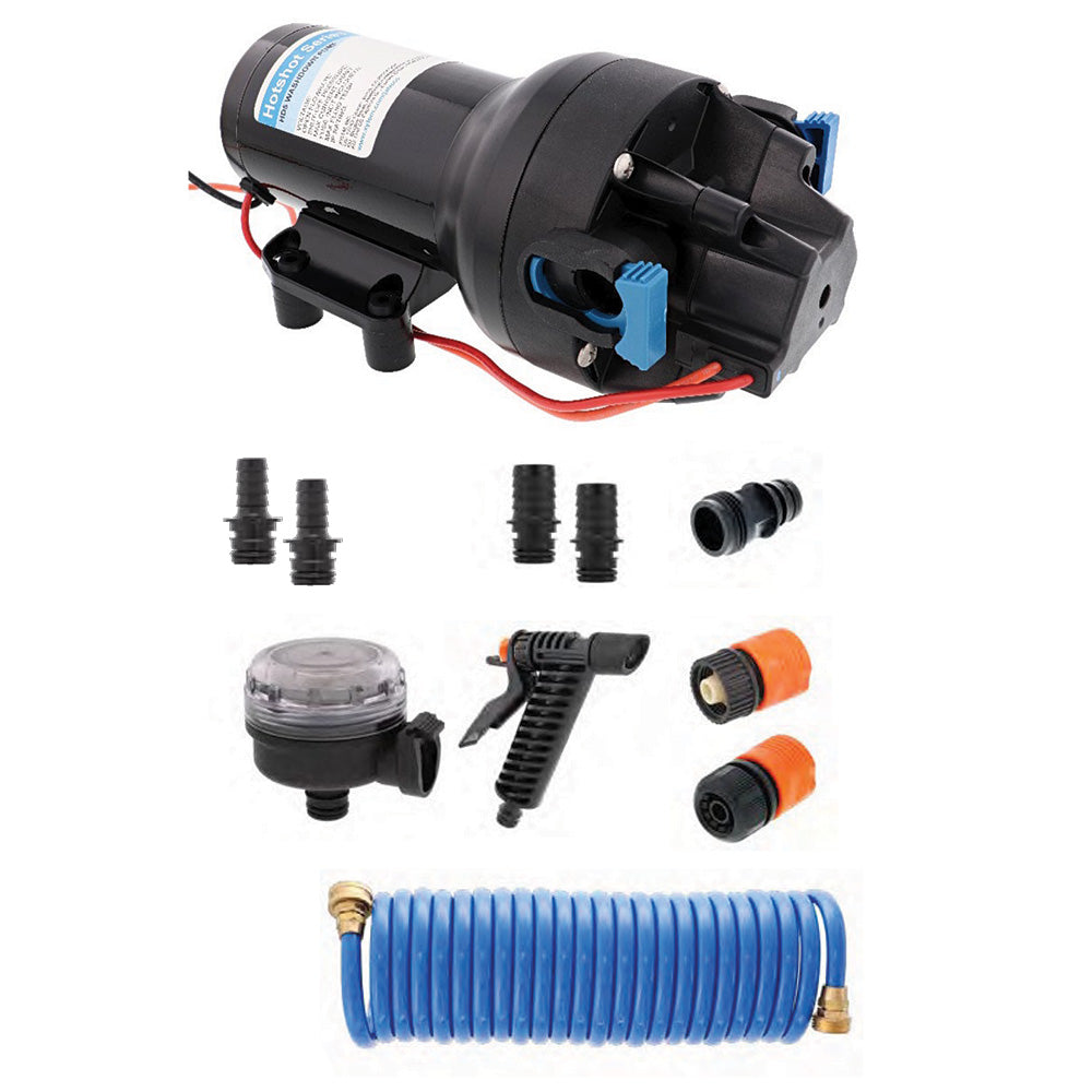 Jabsco HotShot HD5 heavy-duty washdown pump kit with 25-foot hosecoil, 12V, 5 GPM, 70 PSI for marine or industrial use.