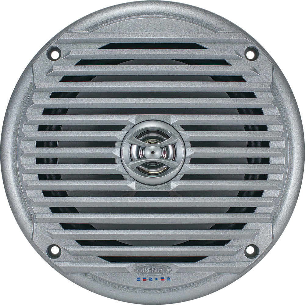 JENSEN 6-inch MS6007S marine speaker in silver, showing the durable outdoor speaker with grille and mounting hardware.