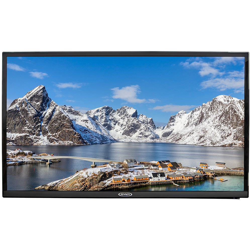 JENSEN 24-inch Smart DC Television displaying a colorful screen with a sleek black frame and modern design.