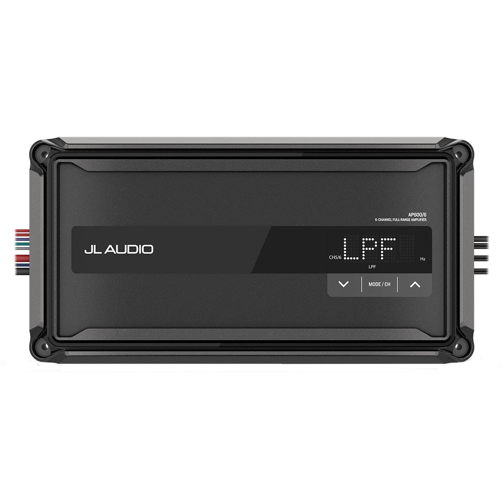 JL Audio AP 6 Channel Compact Marine Amplifier showing black metal casing with input and output connections