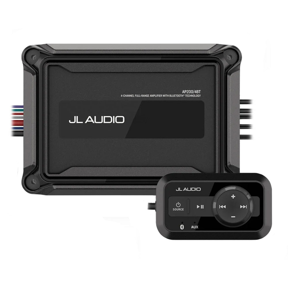 JL Audio AP 4-channel compact marine amplifier with Bluetooth, black metal casing, and control knobs for marine audio systems.