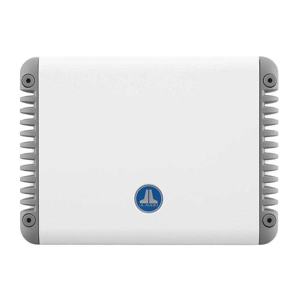 JL Audio MHD Series 600W 4-channel full-range amplifier showing sleek black design and control knobs on the front panel.