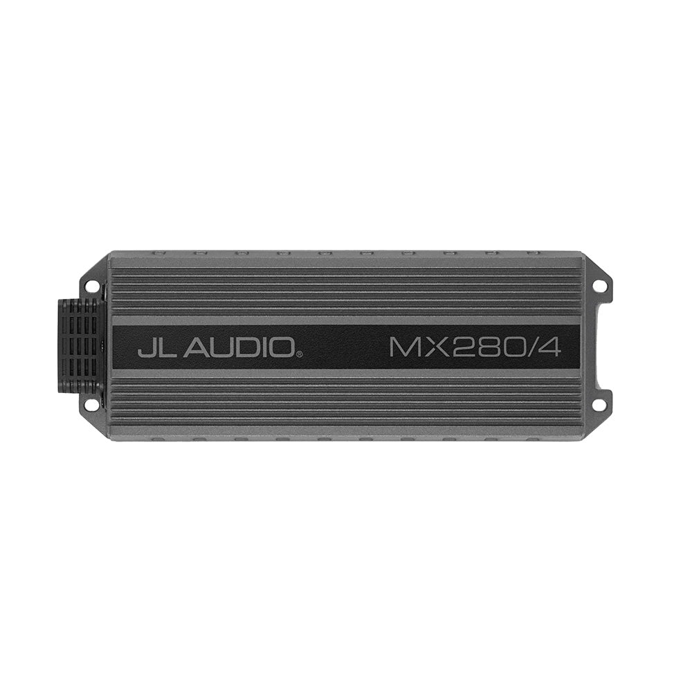 JL Audio MX Series 280W 4-channel full-range amplifier showing the compact black amplifier with control knobs and input/output ports