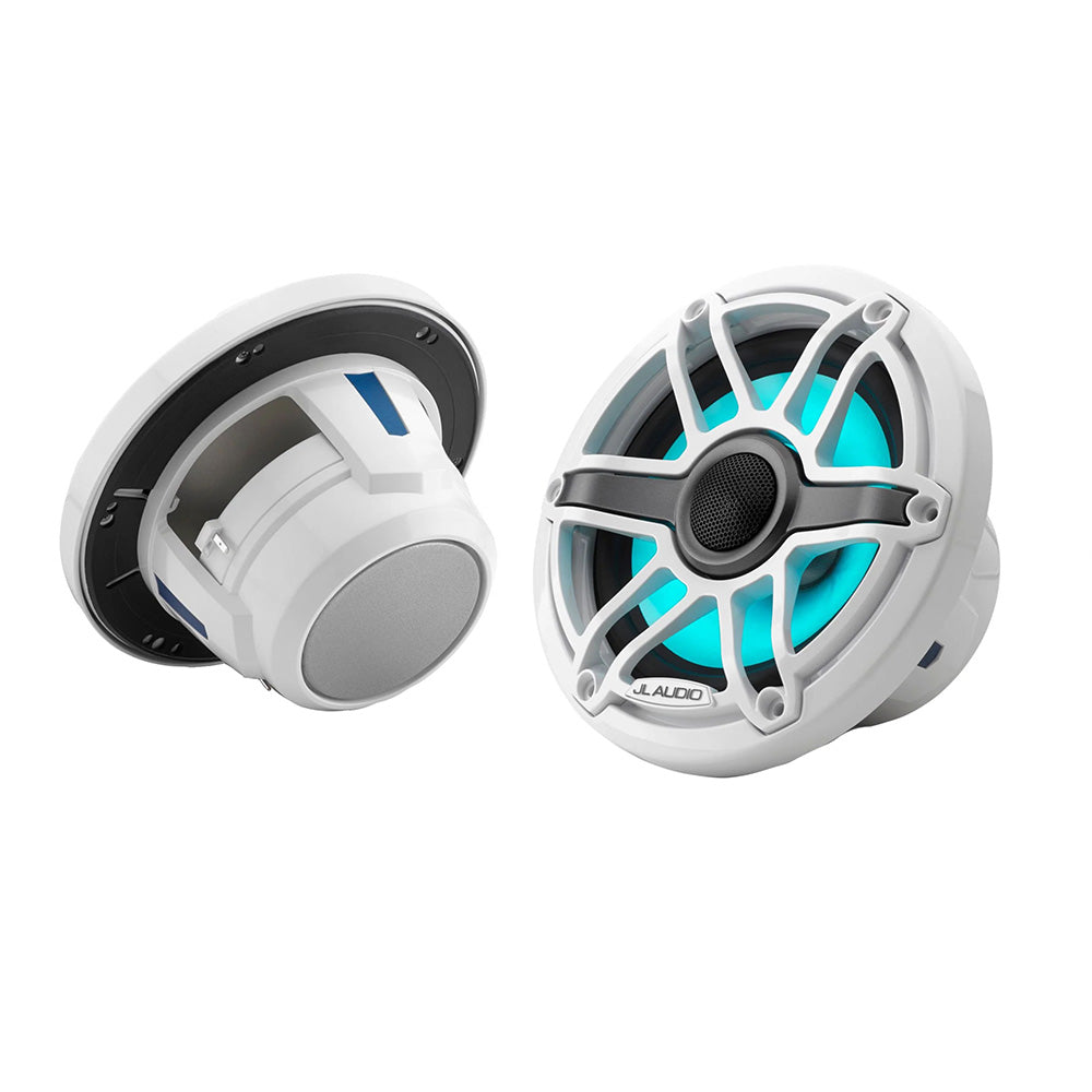 JL Audio M6 Series 6.5-inch marine coaxial speakers with gloss white sport grille and transflective LED lighting.