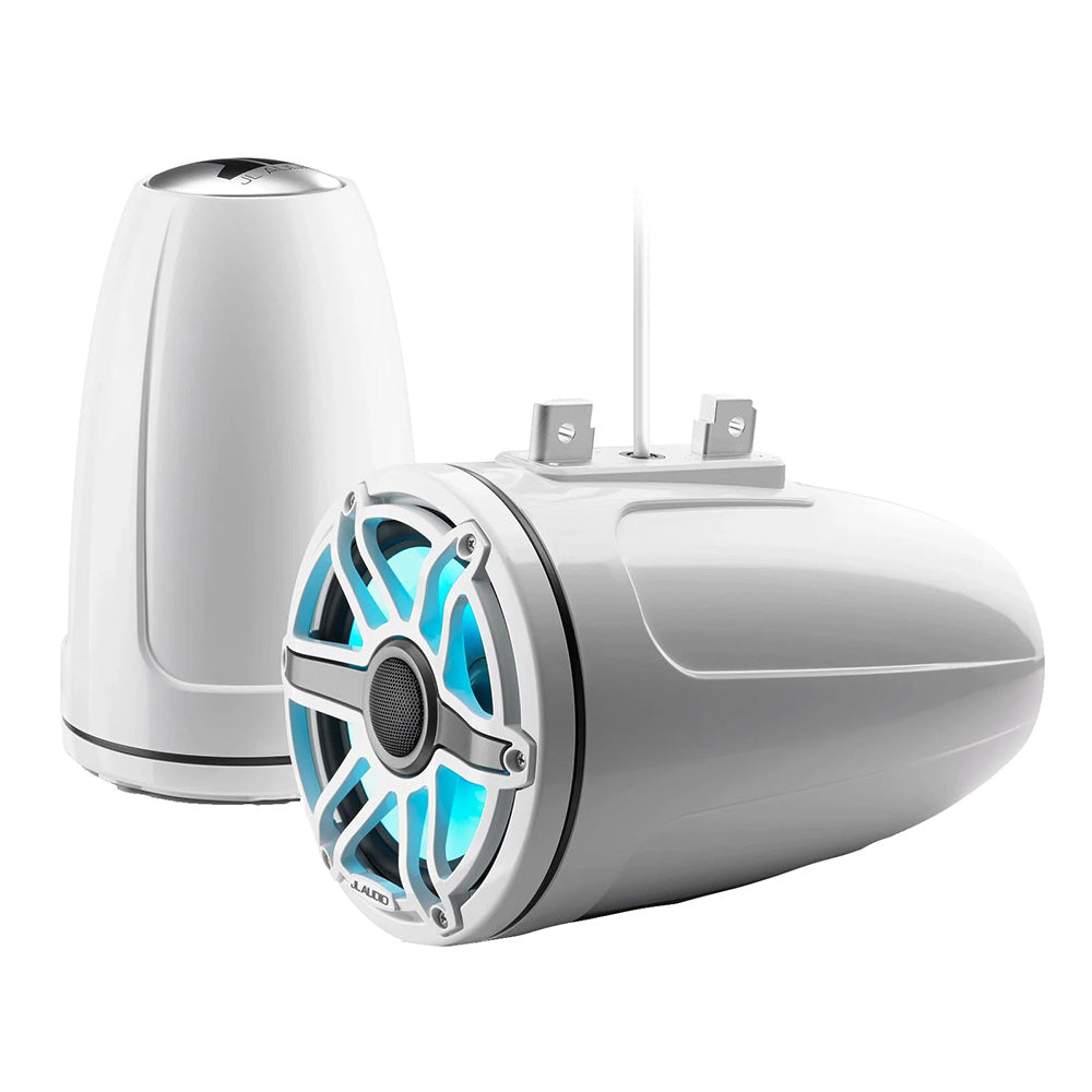 JL Audio M6 Series 7.7-inch enclosed tower coaxial speakers with gloss white grille and transreflective LED lighting.