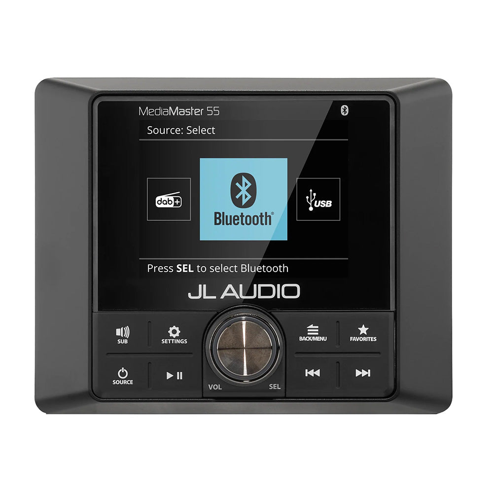 JL Audio MM55 marine stereo with full-color LCD display, compact design, and high-quality audio for boat sound systems.