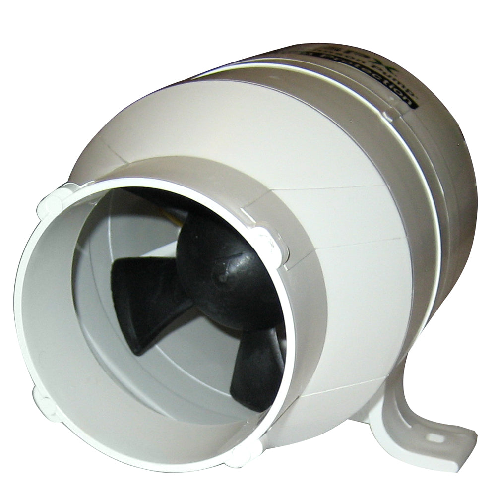 Johnson Pump 3-inch in-line blower with 158 CFM airflow, 12V power, used for ventilation and air circulation applications.