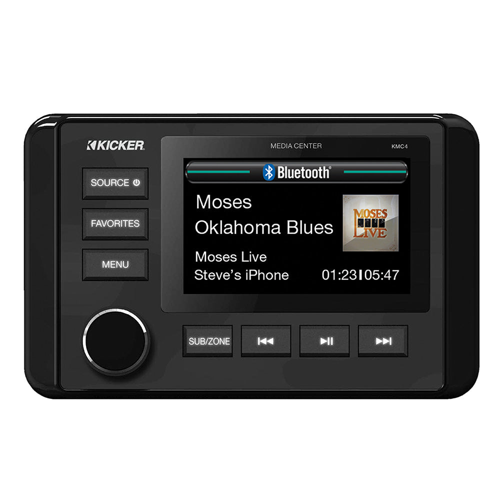 KICKER KMC4 weather-resistant gauge-style media center stereo with Bluetooth, featuring a digital display and control knobs.
