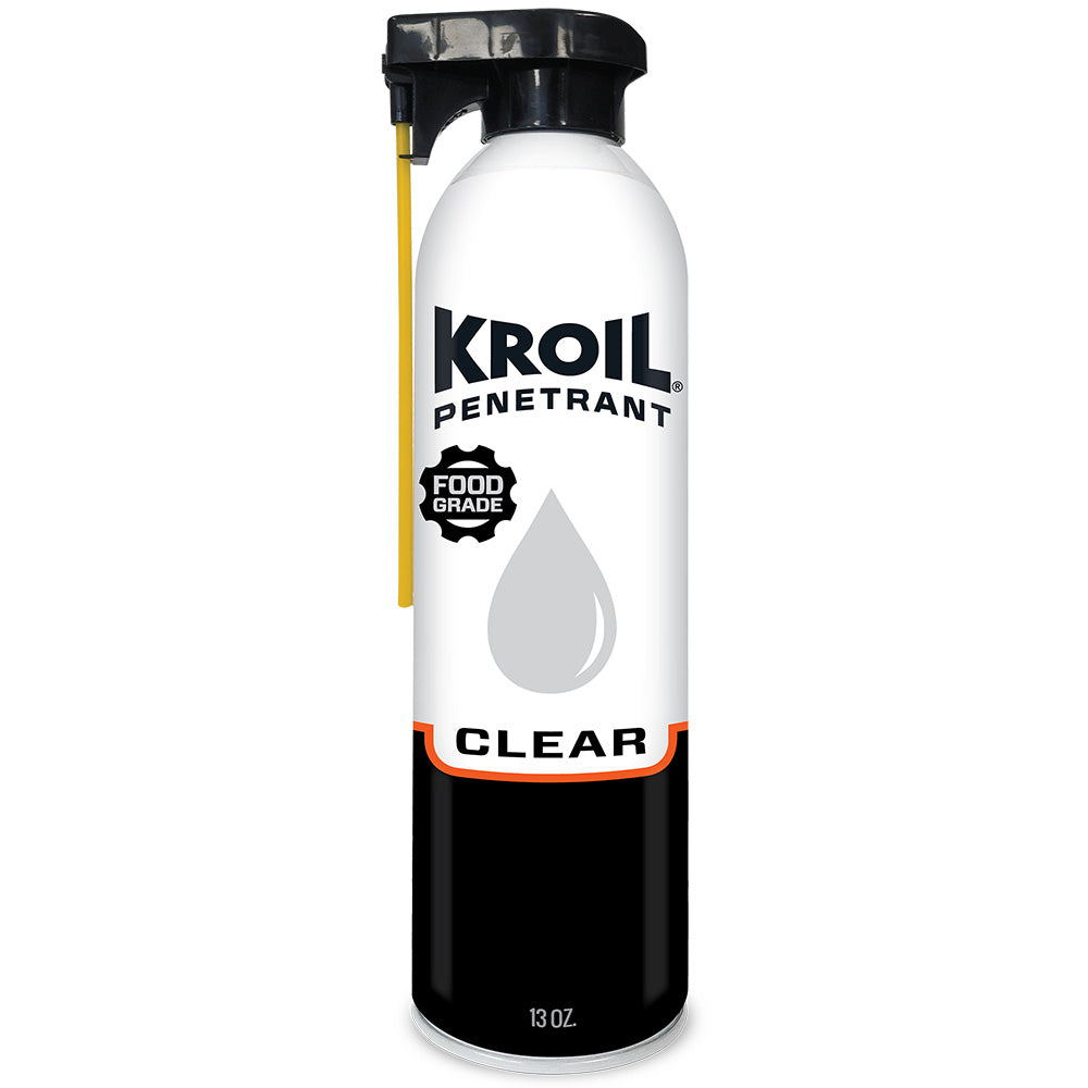 Kroil Clear Food Grade Penetrating Oil aerosol spray can, 13oz, used for cleaning and lubrication in food-safe applications.
