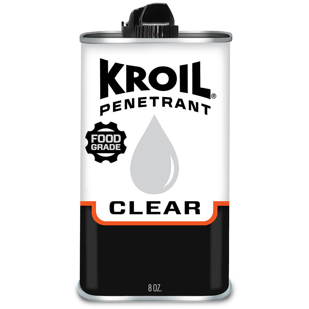 Kroil Clear Food Grade Penetrating Oil in an 8oz drip can, used for cleaning and lubrication of metal parts.