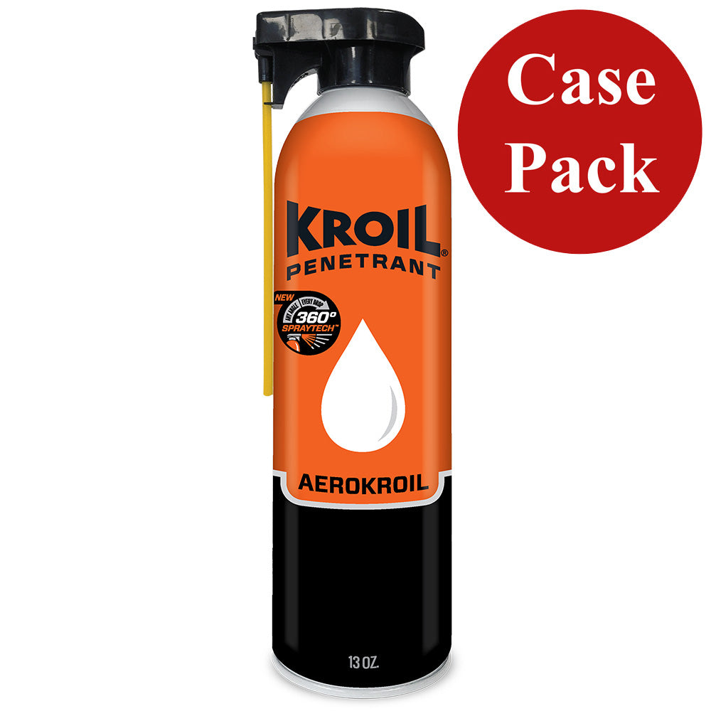 Kroil Original Penetrant aerosol spray can, 13oz, with SprayTech formula, shown in case of 12 for industrial cleaning and lubrication.