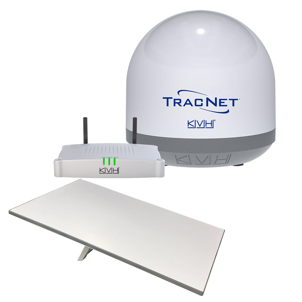 KVH Starlink Premium Standard RV flat panel satellite receiver with TracNet Coastal Pro 5G/WiFi and TracNet hub for RV internet.