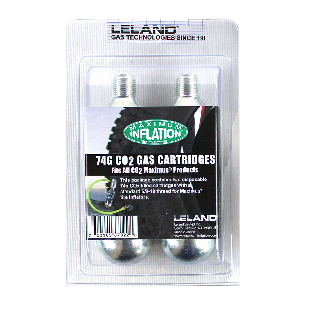 Leland Maximum Inflation Maximus instant tire refill cartridges, 2-pack, car accessories for quick tire inflation.