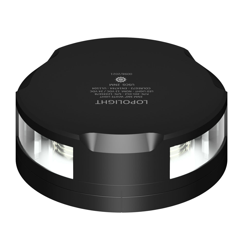Lopolight 360-Degree Anchor Light with black housing and FB base, navigation light visible against a dark background.