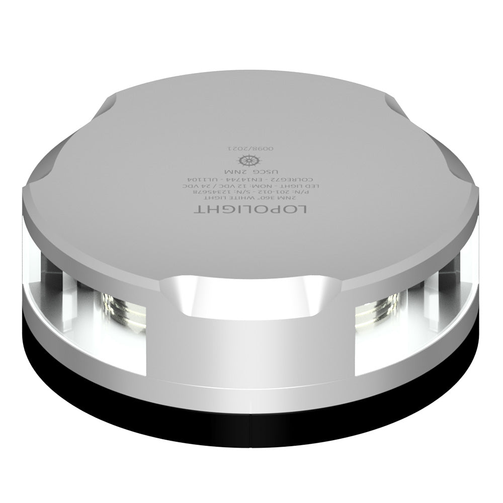 Lopolight 360-Degree Anchor Light with 2NM visibility, silver housing, and FB base for navigation lighting on boats.