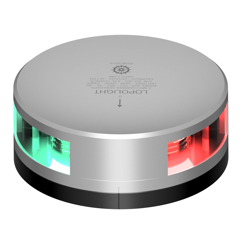 Lopolight combined sidelight navigation light with silver housing and FB base, rated for 2 nautical miles visibility.