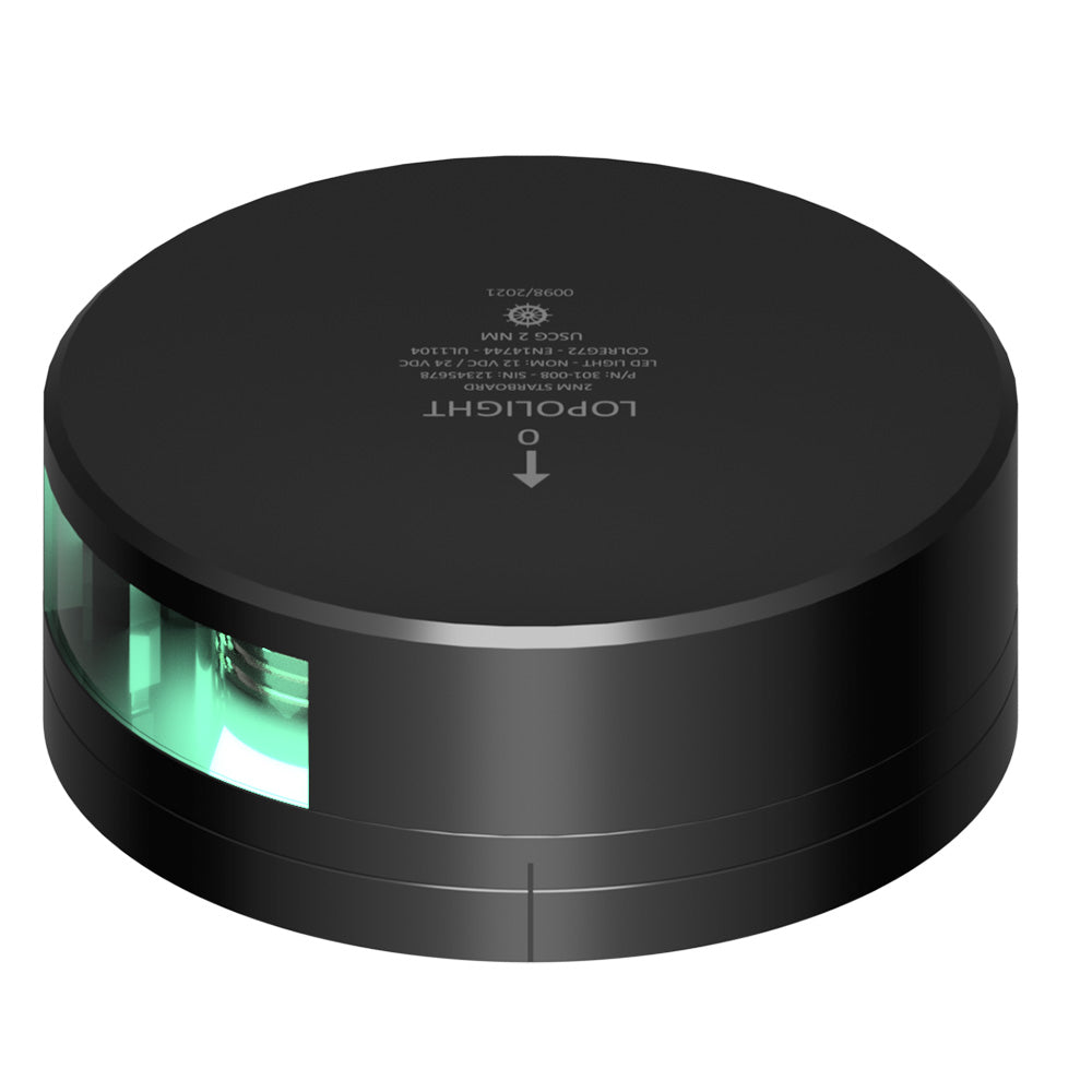 Lopolight green starboard navigation light with black housing and FB base, 2 nautical mile visibility for marine vessels.