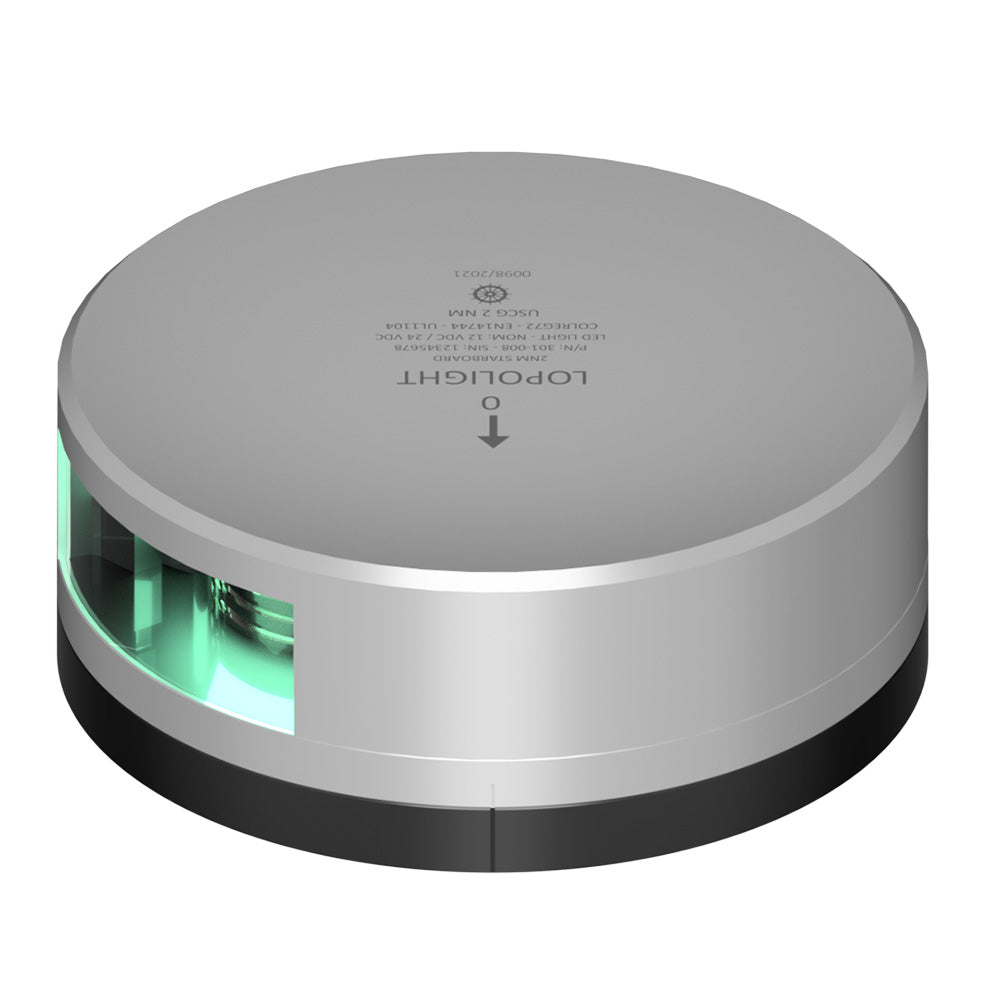 Lopolight Green Starboard Navigation Light with silver housing and FB base, visible on a boat for 2 nautical miles.