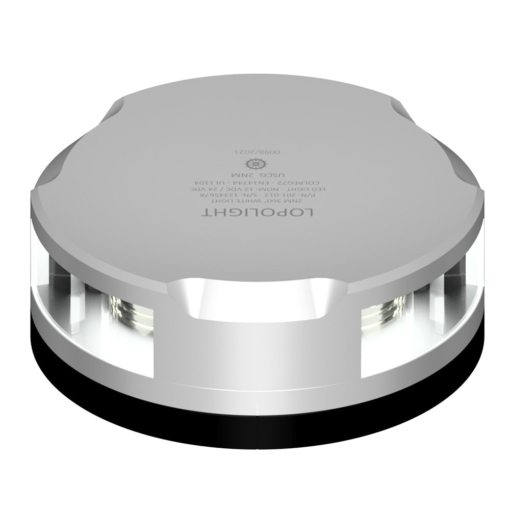 Lopolight masthead 360-degree navigation light with silver housing and FB base, visible from multiple angles, rated 3 nautical miles.