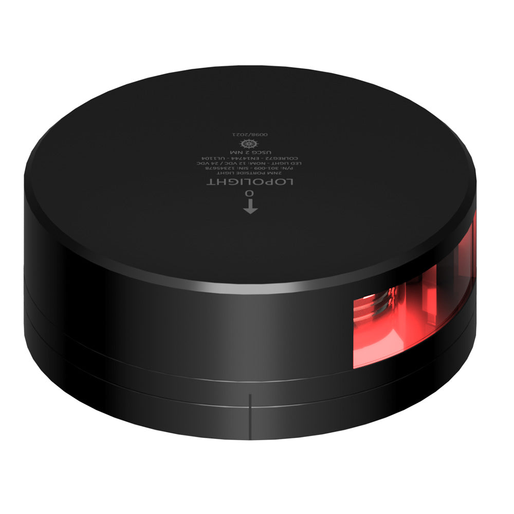 Lopolight red port navigation light with black housing and FB base, visible lens and mounting details for 2 nautical miles visibility.