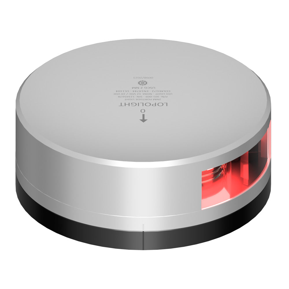 Lopolight Red Port Navigation Light with silver housing and FB base, 2 nautical miles visibility, for marine vessel navigation.