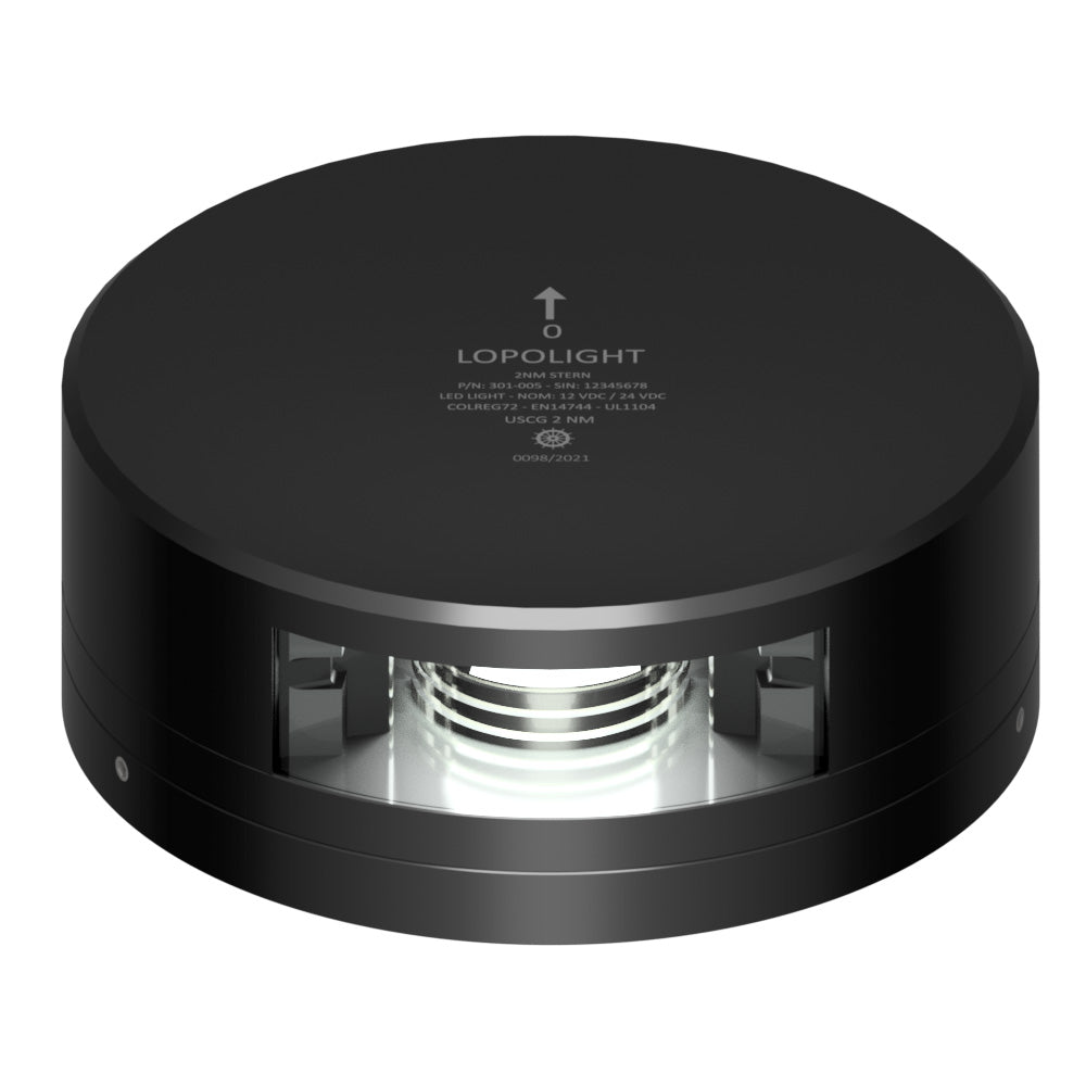 Lopolight stern navigation light with black housing and FB base, 2 nautical mile visibility for marine vessels.