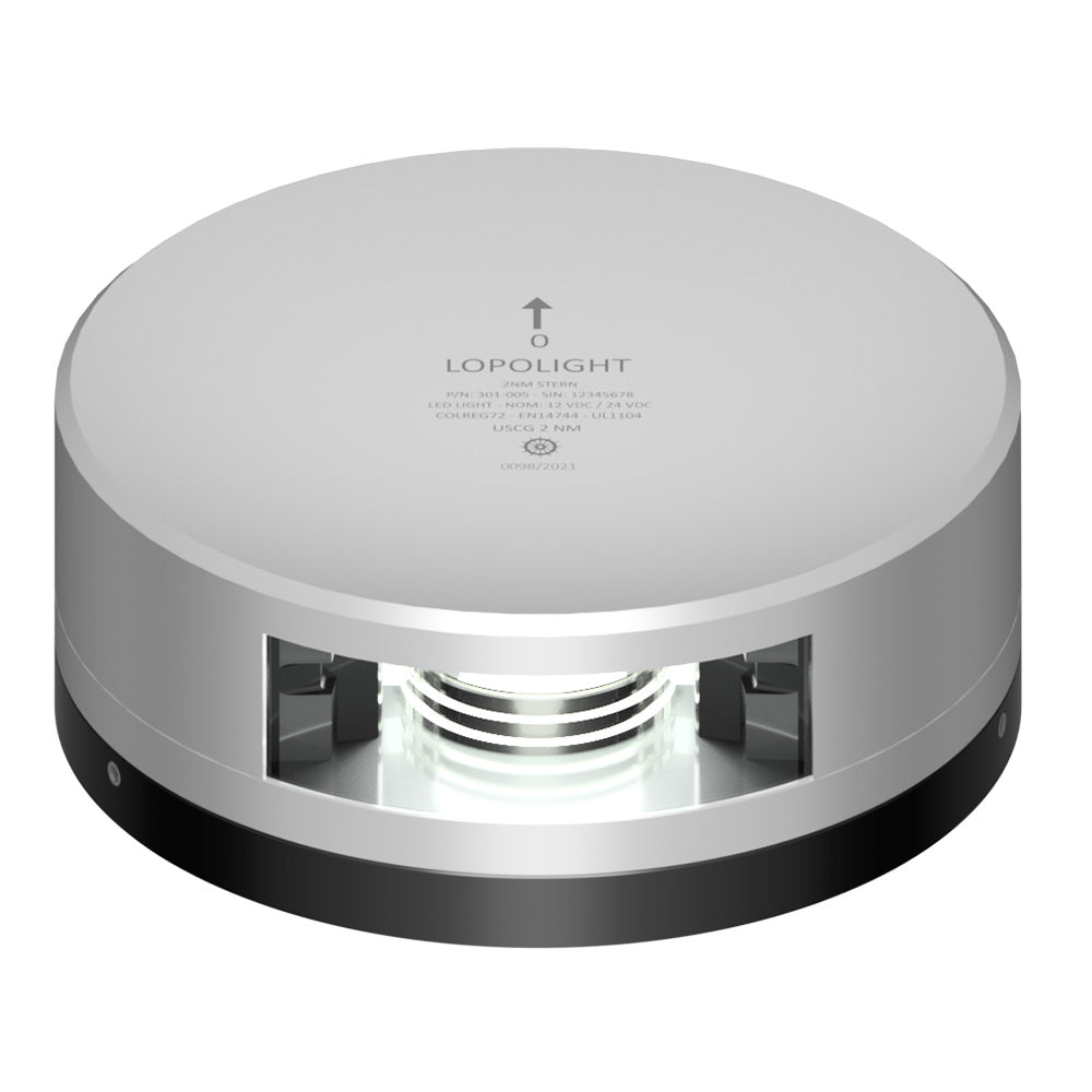 Lopolight stern navigation light with 2 nautical mile visibility, silver housing and FB base, designed for marine vessels.