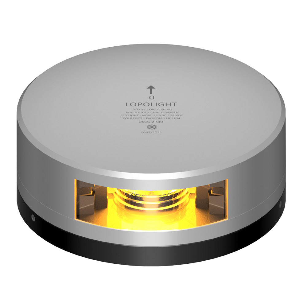 Lopolight Yellow Towing Light with 2NM range, silver housing and FB base, navigation light for marine vessels.