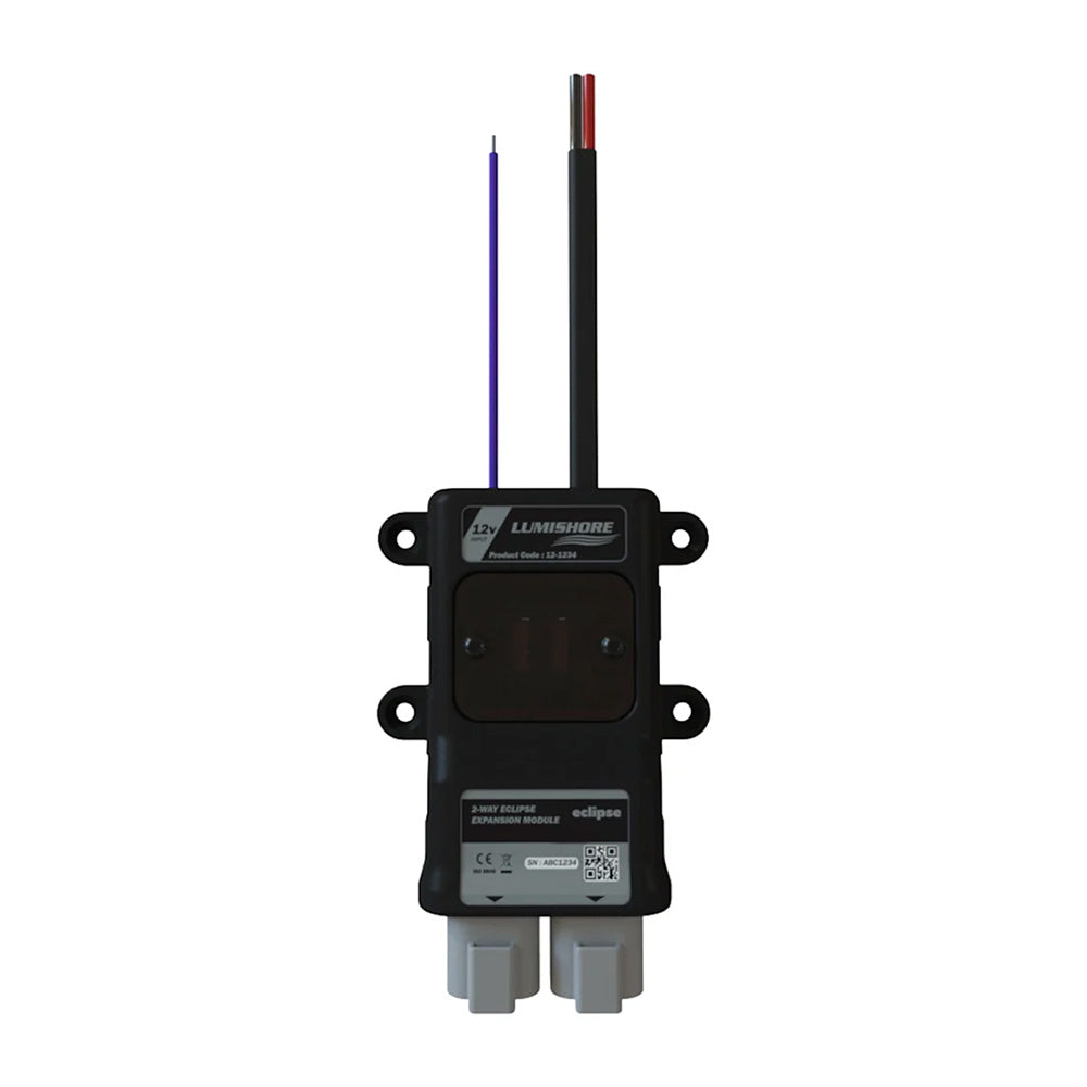 Lumishore ECLIPSE Expansion Module 2-Zone accessory shown with connection ports and compact design for marine lighting systems.