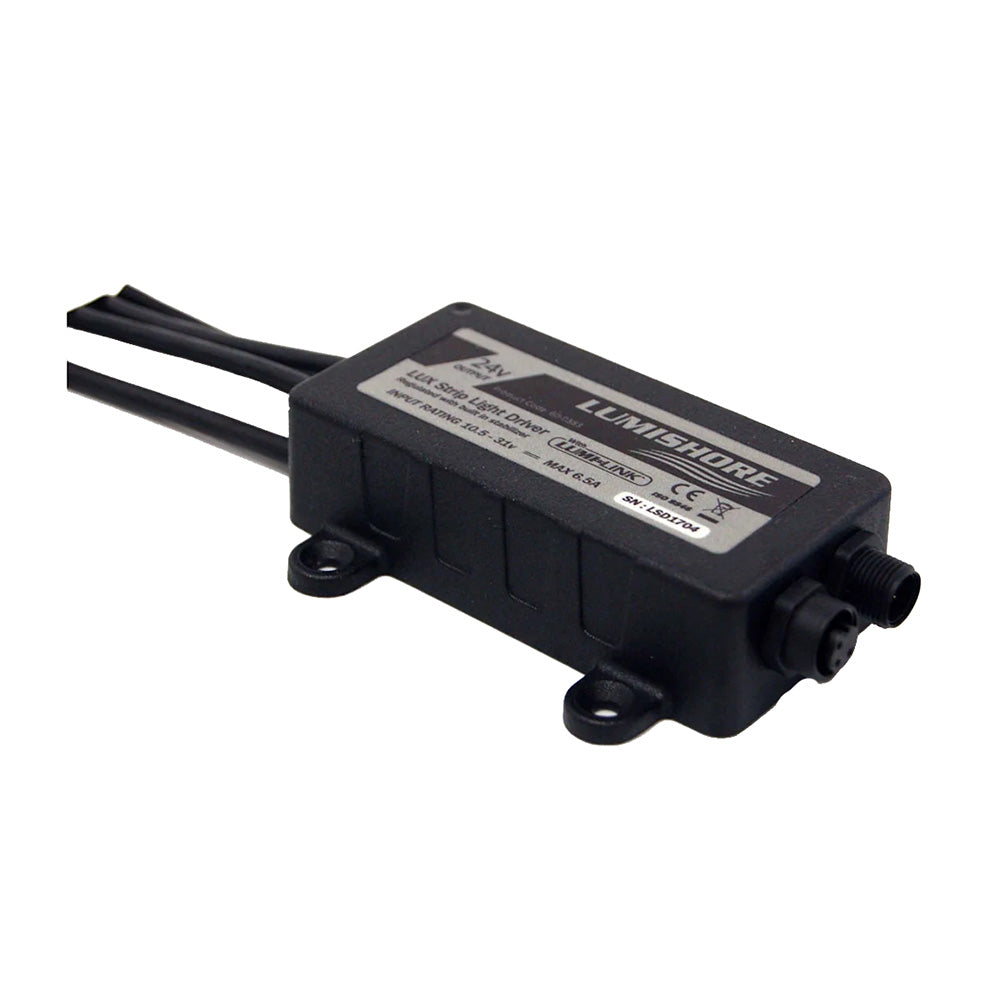 Lumishore LUX Strip Light Driver for interior courtesy lighting, regulated with built-in stabilizer, shown in a vehicle interior setting.