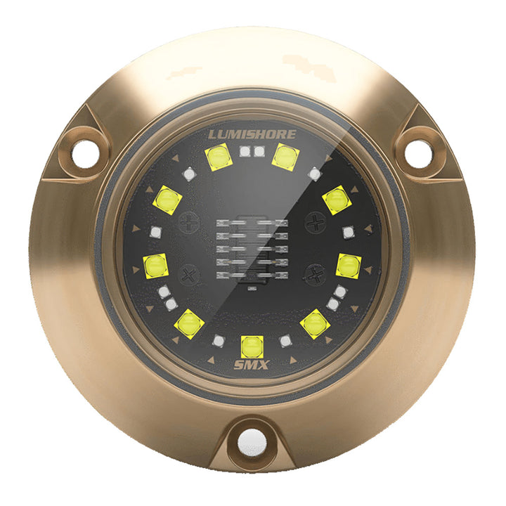 Lumishore Eclipse SMX24 underwater surface mount light in blue and white, showcasing its sleek design and waterproof finish.