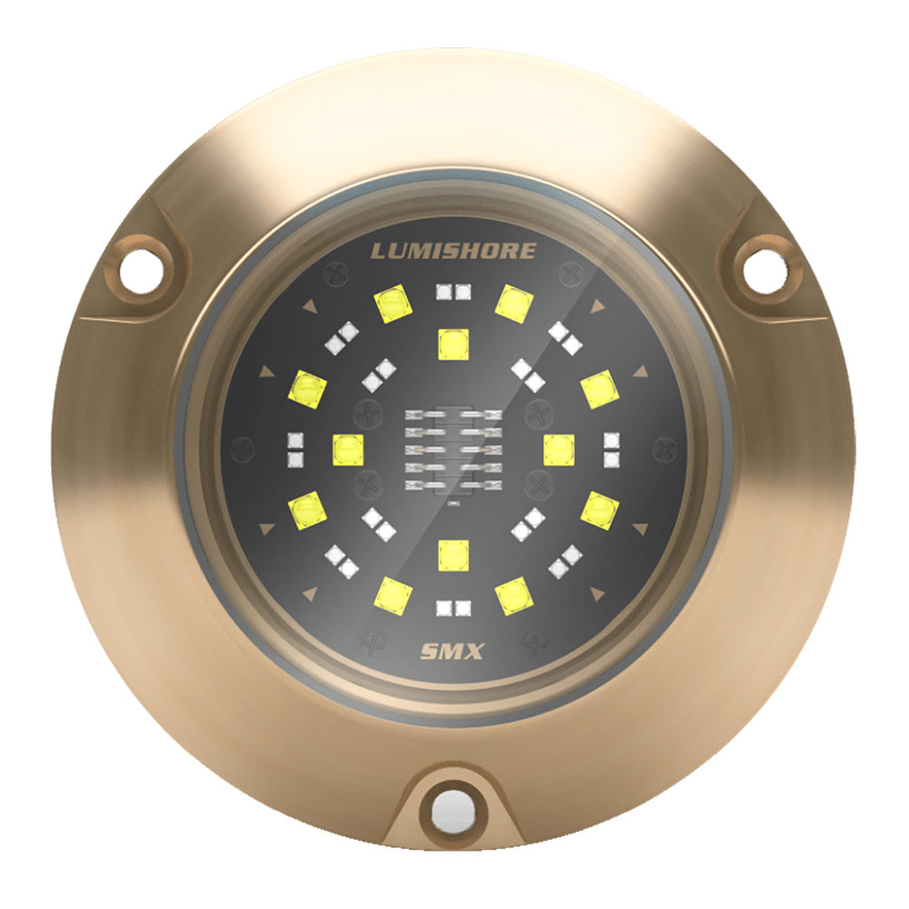Lumishore Eclipse SMX54 underwater lighting fixture with surface mount, featuring blue and white LED lights for marine illumination.