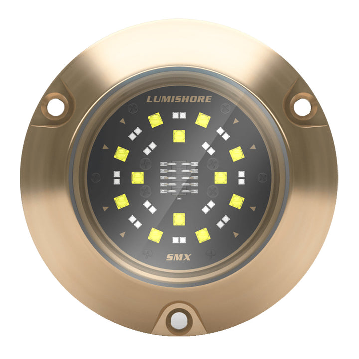 Lumishore Eclipse SMX54 underwater lighting fixture with surface mount, featuring blue and white LED lights for marine illumination.