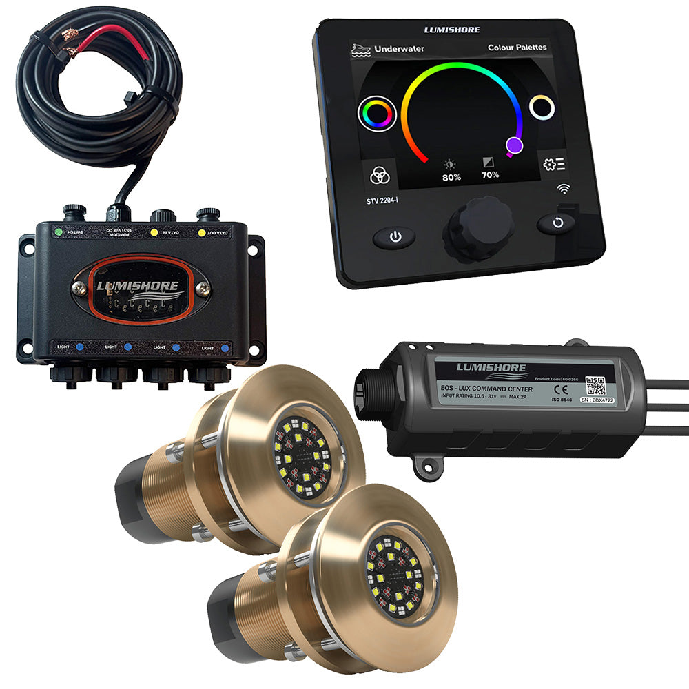 Lumishore EOS TIX404 underwater lighting system with two lights, hub, and LUX Command Center display for marine illumination.