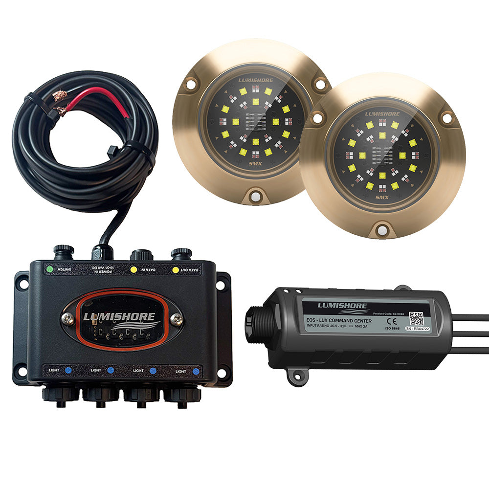 Lumishore LUX SMX154 underwater lighting hub with two lights and LUX Command Center for marine illumination control.