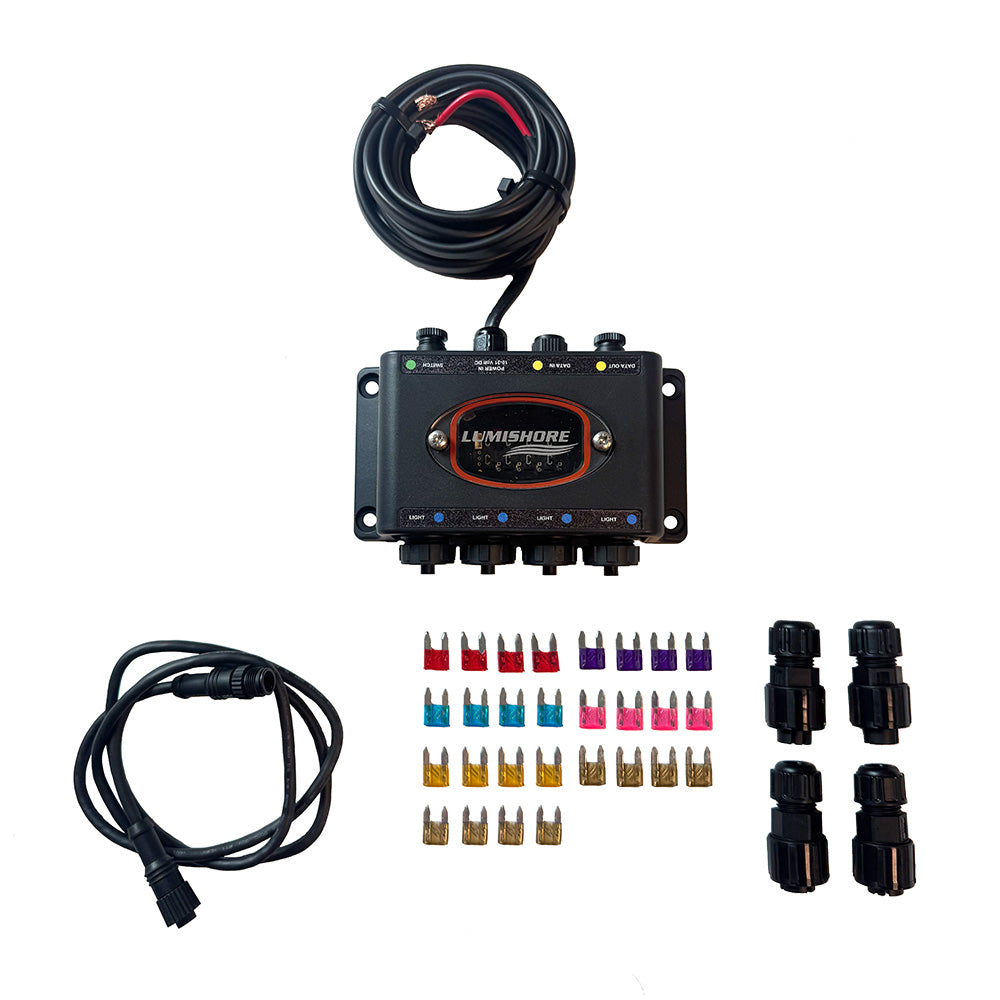 Lumishore SUPRA i-Connect Hub Kit for underwater lighting, featuring control modules and cable connections for marine illumination systems.