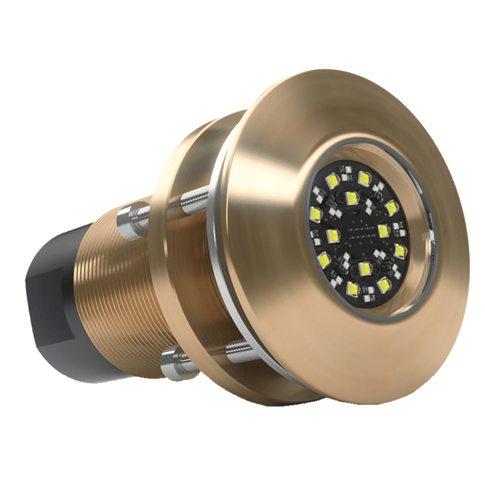 Lumishore SUPRA TIX404 underwater lighting with interchangeable thru-hull, installed on a boat for underwater illumination.