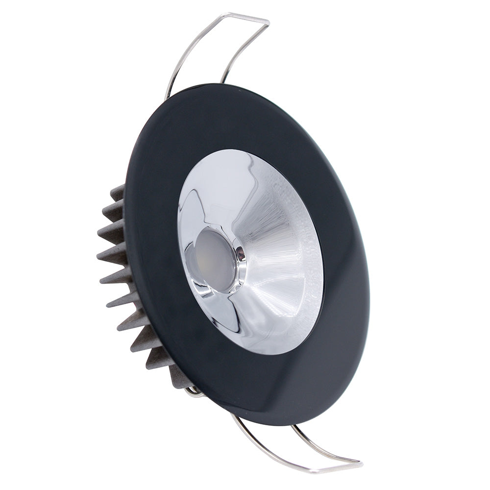 Lumitec Illusion flush mount LED down light with spectrum RGBW, cool white, black housing, and chrome reflector in a dome style.