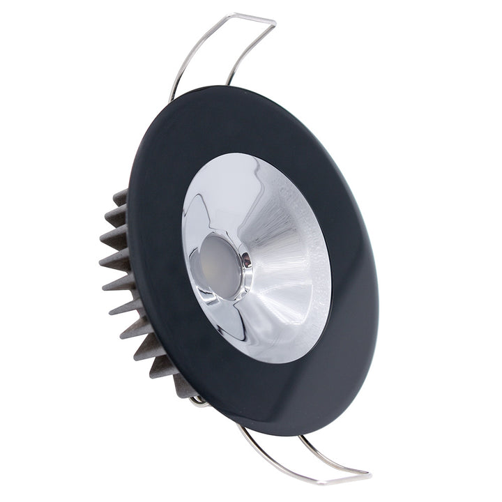 Lumitec Illusion flush mount LED down light with spectrum RGBW, cool white, black housing, and chrome reflector in a dome style.