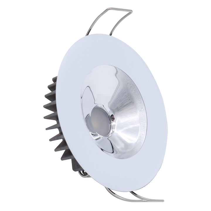 Lumitec Illusion flush mount LED down light with chrome reflector, spectrum RGBW, warm white, white housing, dome-style lighting.