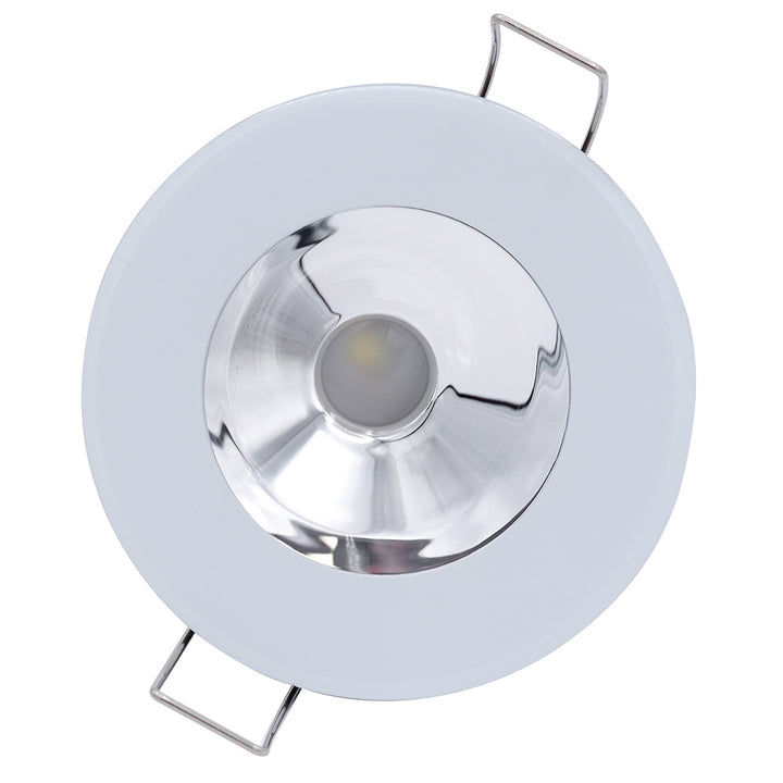 Lumitec Illusion flush mount LED down light with spectrum RGBW, warm white, white housing, and chrome reflector for dome lighting.