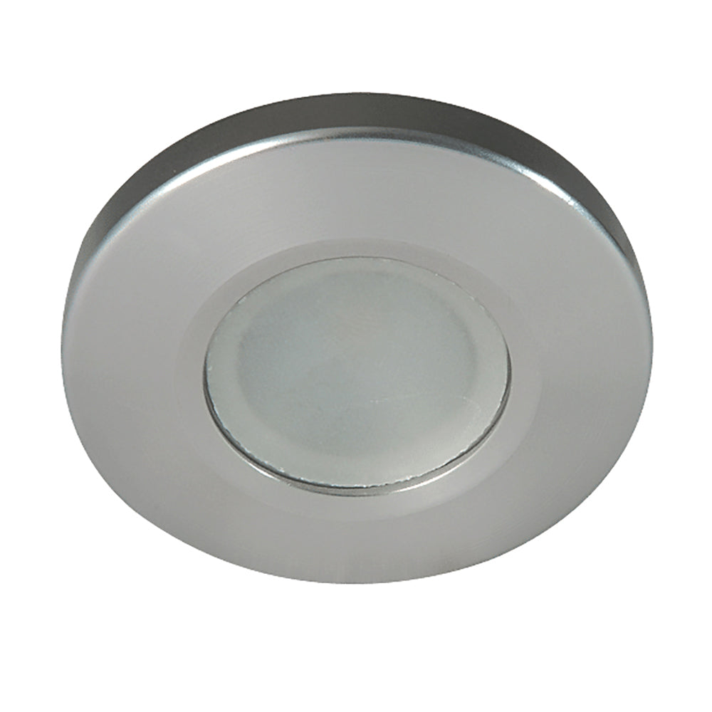 Lumitec Orbit Spectrum flush mount down light with brushed housing, white finish, featuring red/blue and non-dimming LED options.