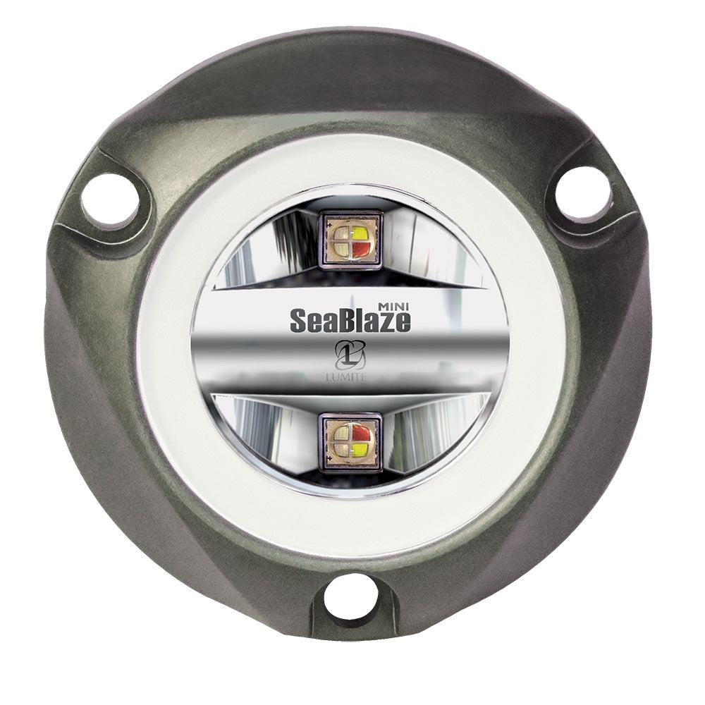 Lumitec SeaBlaze Mini Spectrum LED underwater light showcasing vibrant colors and sleek design for marine lighting.