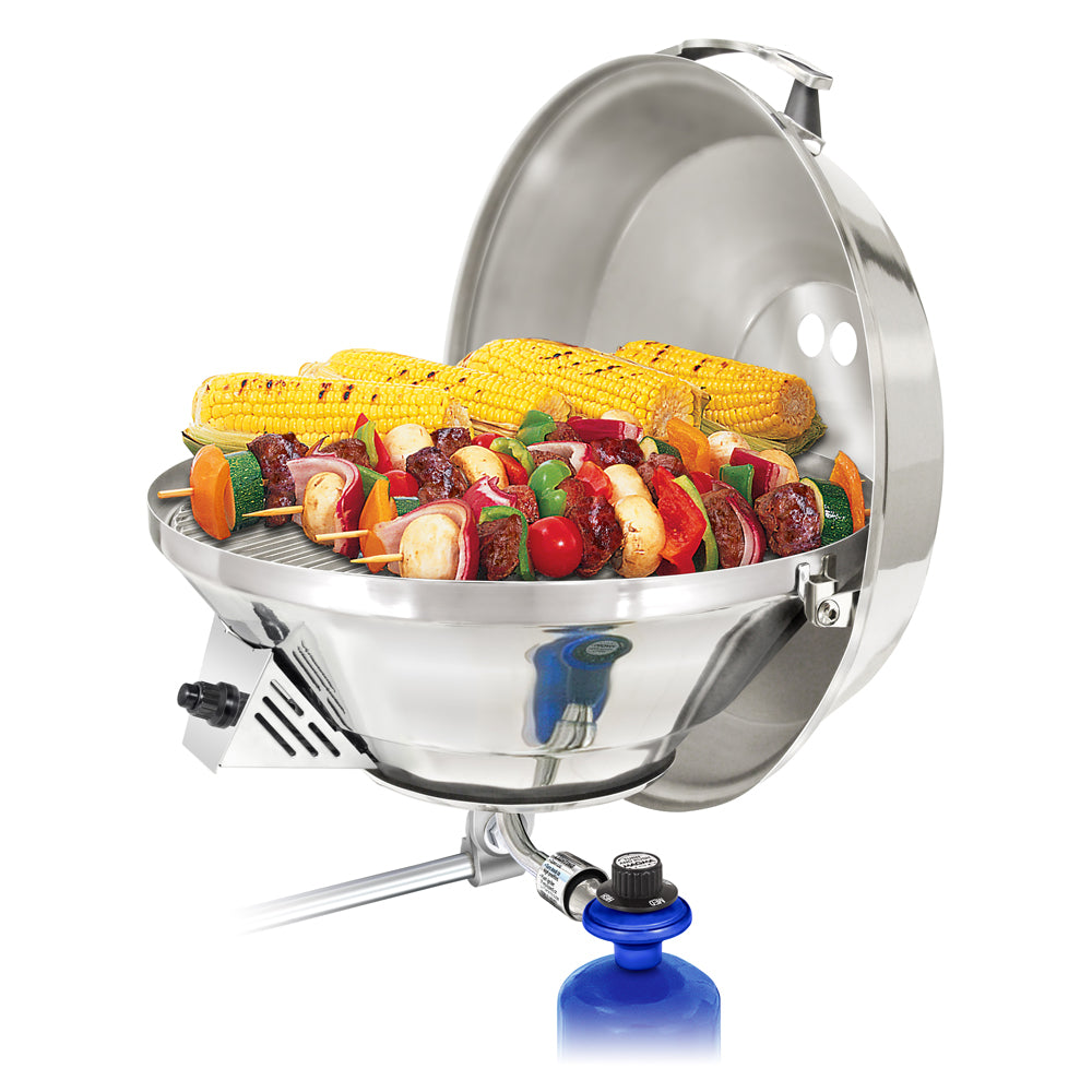Magma Marine Kettle 3 Gas Grill, 17-inch party size grill with stainless steel lid and side handles for outdoor cooking.