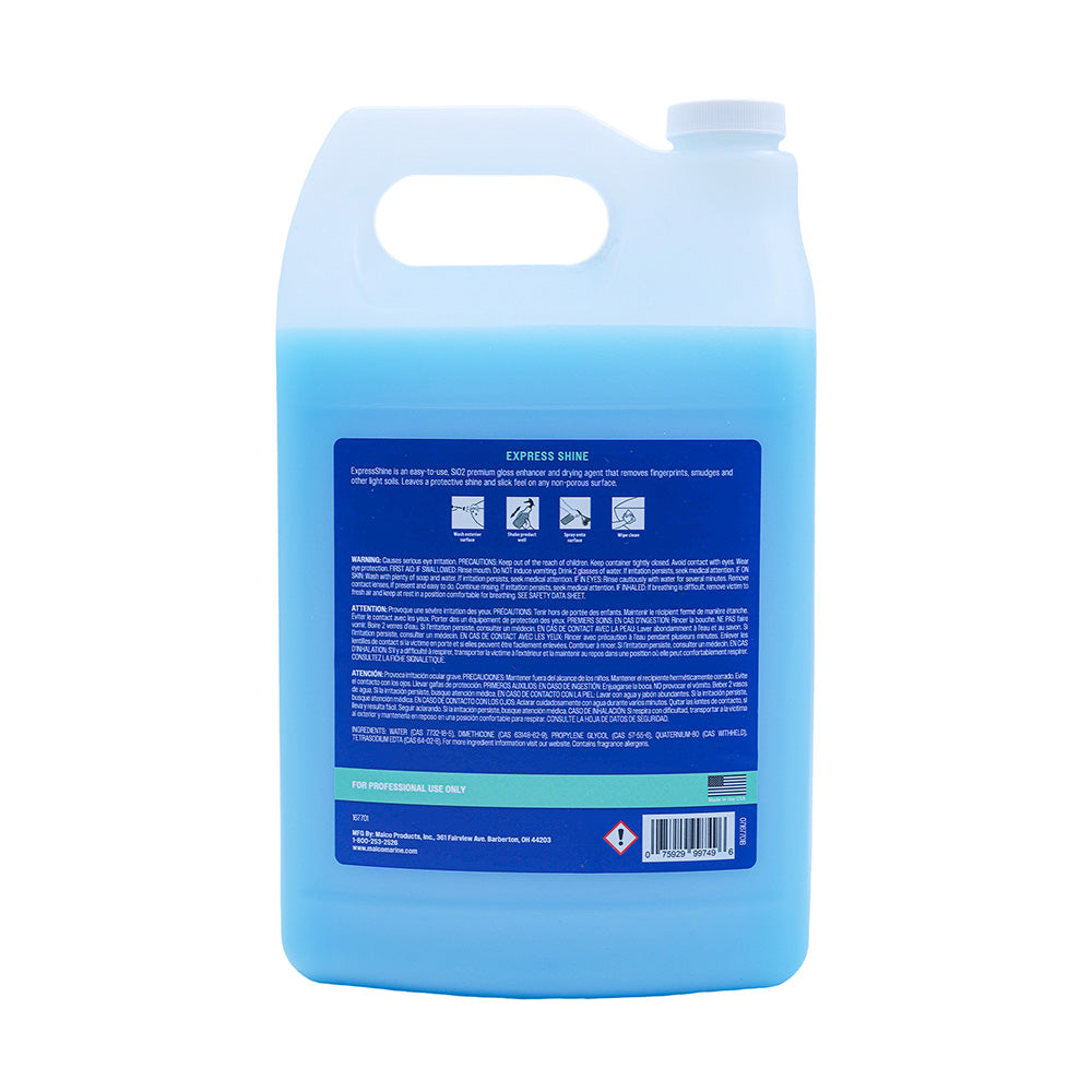 Malco Express Shine SiO2 Detail Spray in a 1-gallon container, used for cleaning and shining automotive surfaces.